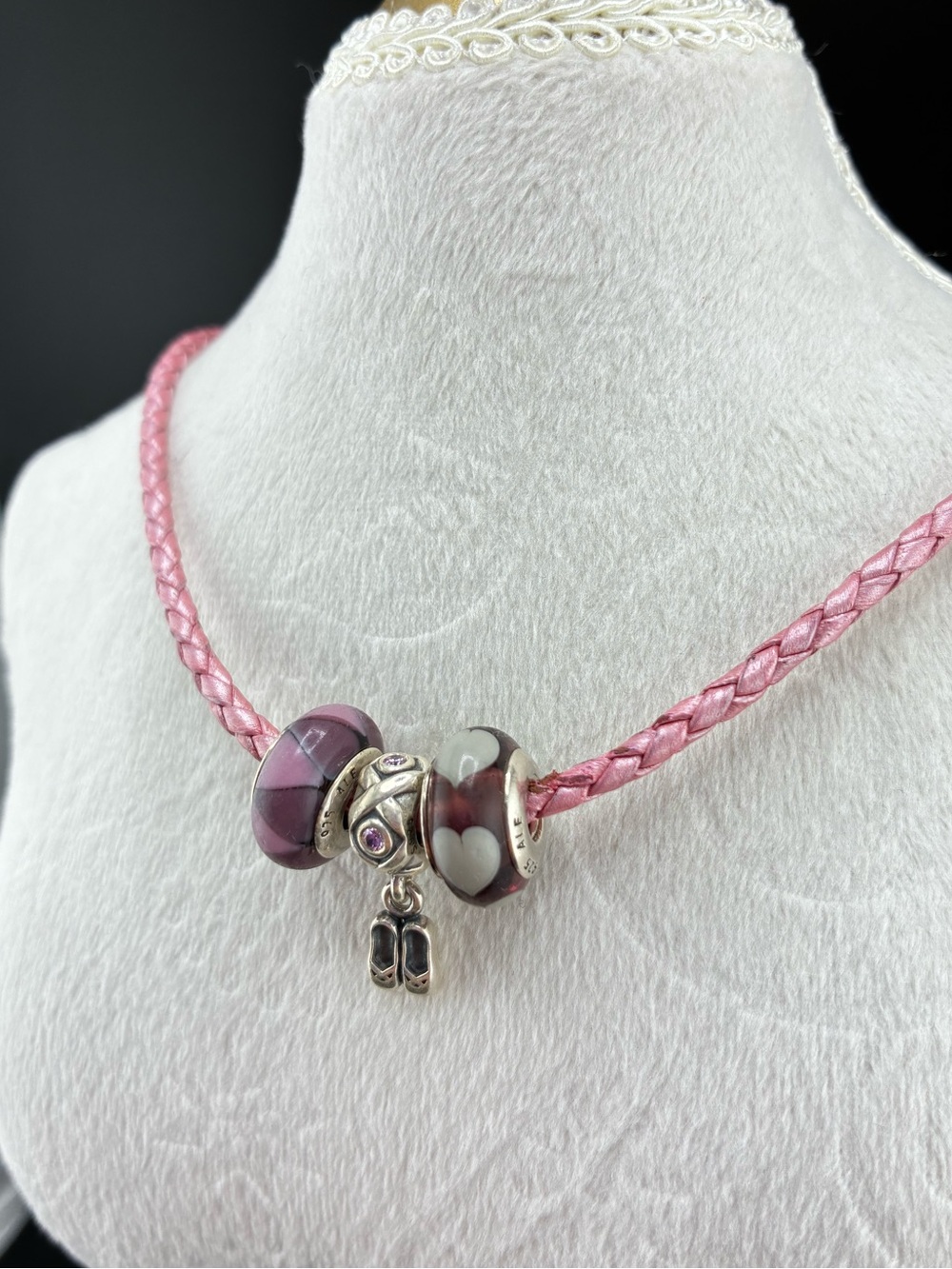Pandora Pink Braided Necklace with pink/purple Bead Charms and Ballet slippers - Picture 2 of 14